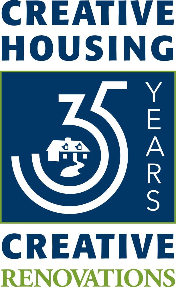 Number 35 encircling a house silhouette with the word Years parallel to the 35 between Creative Housing | Creative Renovations text 