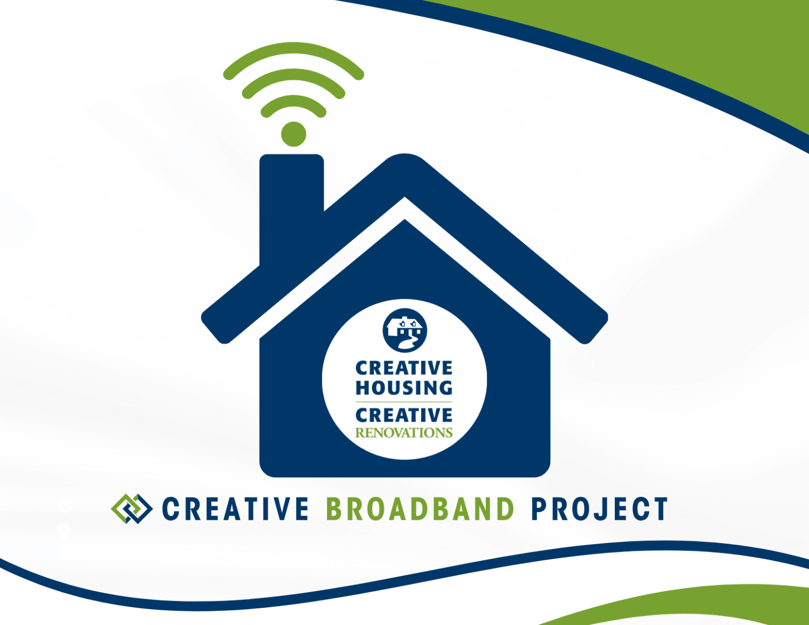 Silhouette of a house with the Creative Housing logo in the center. The symbol for Wi-Fi is coming out of the chimney.