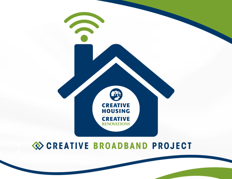 Silhouette of a house with the Creative Housing logo in the center. The symbol for Wi-Fi is coming out of the chimney.